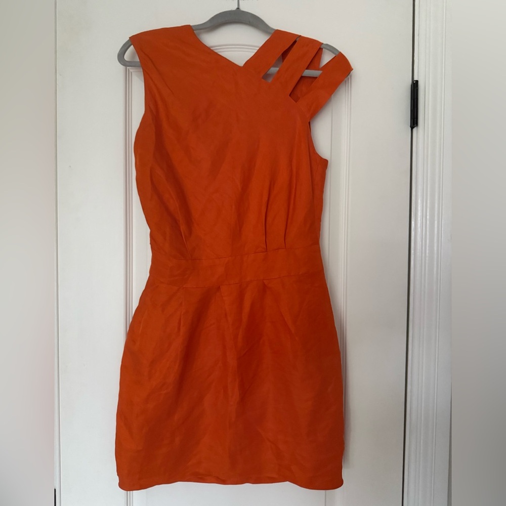 Yigal Azrouel Silk Mini Asymmetrical Cutout Sleeve Coral Dress Luxury Designer